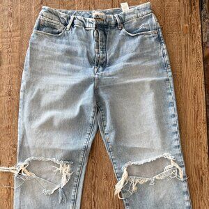 Good American Light Wash Distressed Straight Jeans 12/31 Button Fly